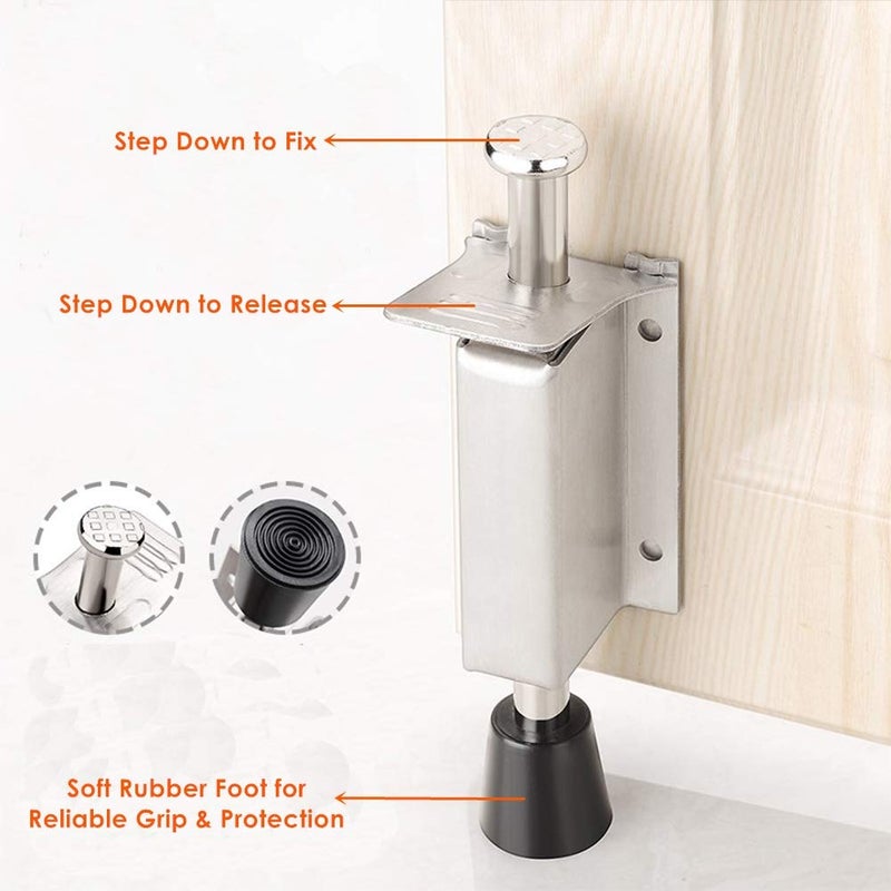 Tiberham Spring Loaded Door Stop, Tiberham Heavy Duty Kick Down Door Stopper with Soft Rubber Bumper, Stainless Steel Step On Foot Operated Door Holder Stop Jammer - Image 2